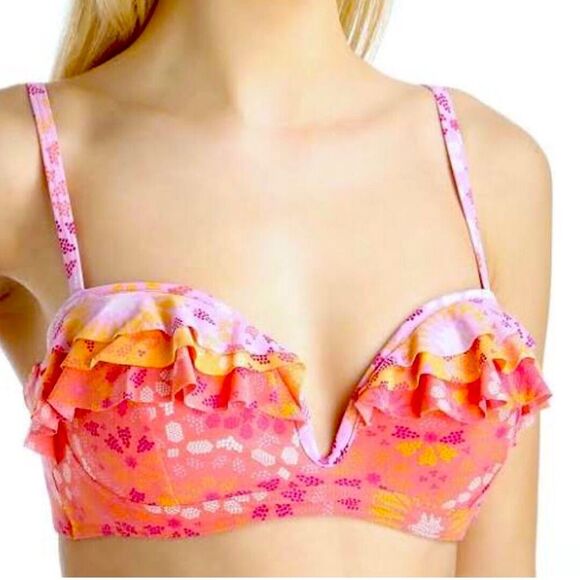 Coco Rave Sparkly Medallion Underwire Bralette Swim Top Coral XL 38 D Cup - Picture 1 of 5
